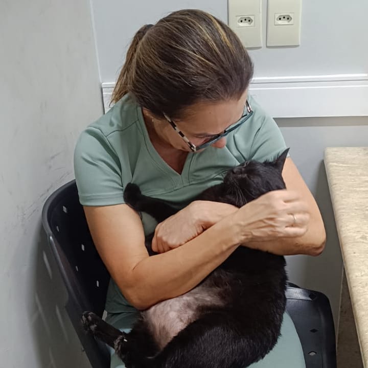 Veterinária da NovaVet acolhendo um gato preto no colo