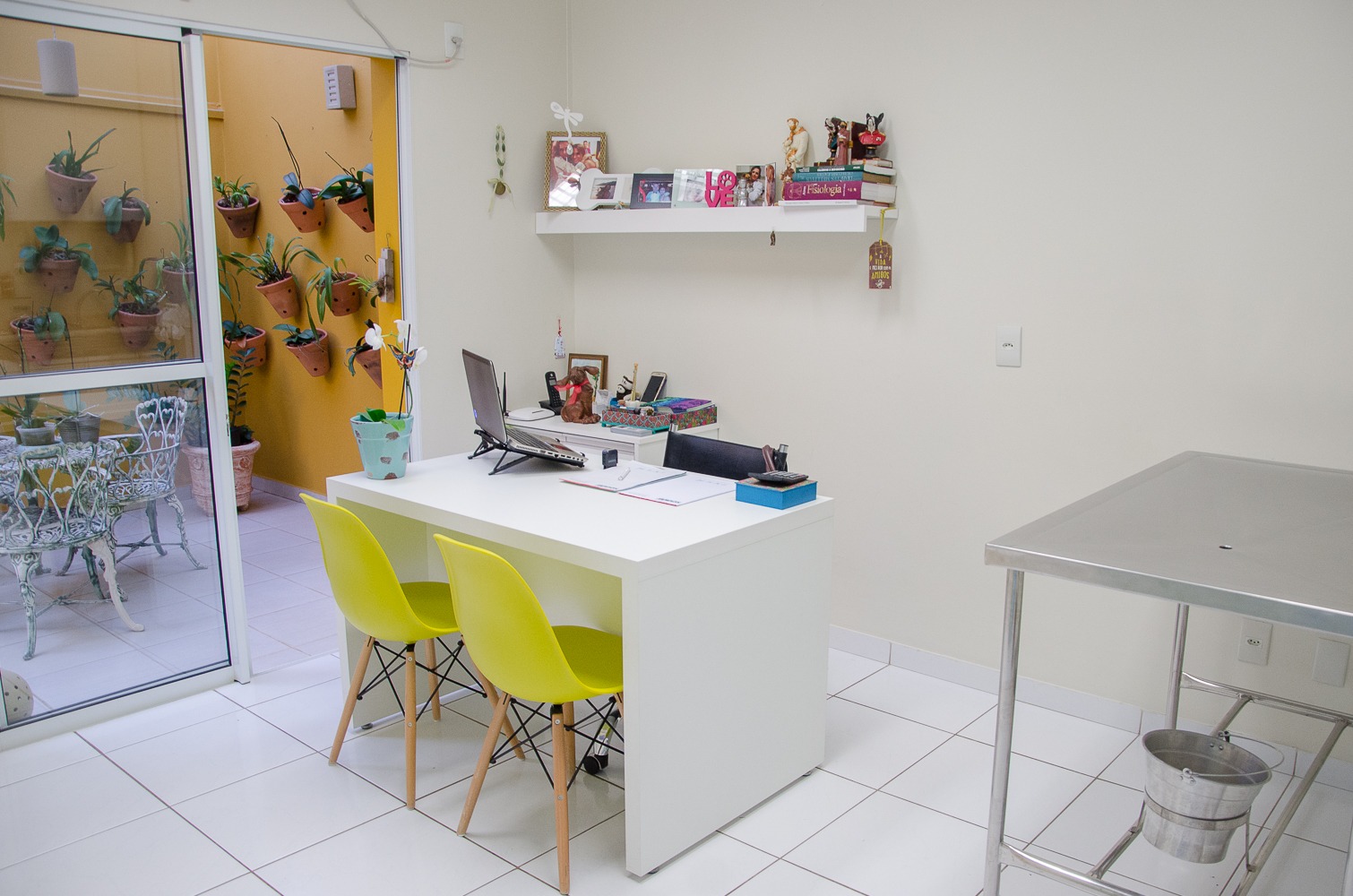 Sala de atendimento com mesa veterinária e jardim externo